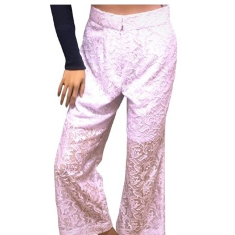 White Lace Wide Leg Dress Pants | Sheer Lace Elegant Bridal Resort Slacks | 5/6 - Picture 5 of 7